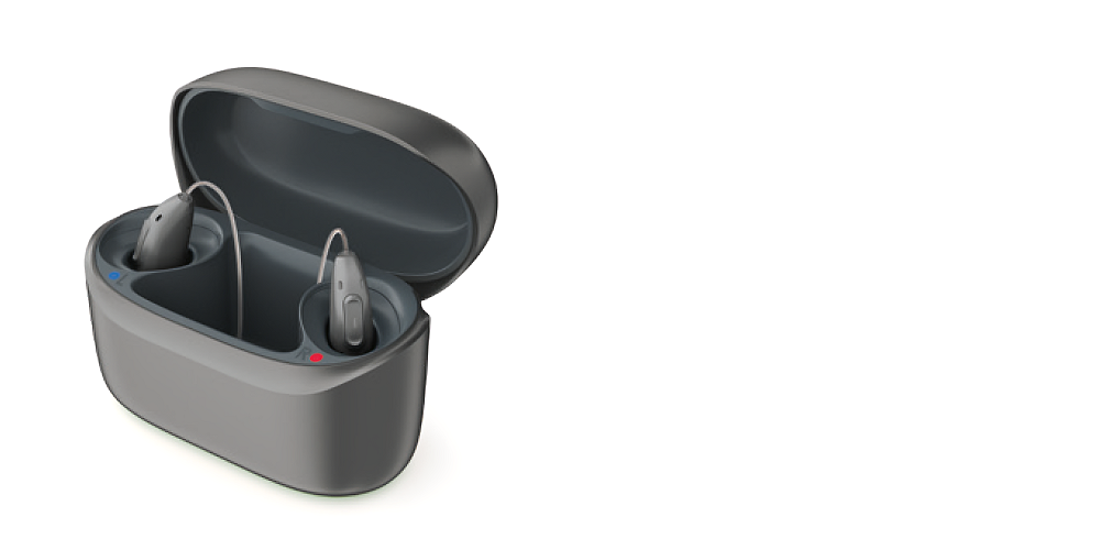A pair of Phonak Audeo EON Sphere hearing aids inside an opencharging case.